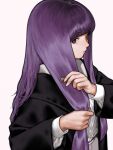  1girl black_coat blunt_bangs brushing_hair closed_mouth coat comb commentary_request dress expressionless fern_(sousou_no_frieren) highres holding holding_comb holding_hair long_hair long_sleeves looking_at_viewer nizuma open_clothes open_coat purple_hair purple_pupils ringed_eyes sideways_glance simple_background solo sousou_no_frieren upper_body very_long_hair violet_eyes white_background white_dress wide_sleeves 