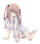  1girl absurdres bare_legs barefoot blush full_body grey_eyes highres inui_sajuna long_hair looking_at_viewer parted_lips pink_hair shirt simple_background sitting solo sono_bisque_doll_wa_koi_wo_suru syasyajin two_side_up white_background white_shirt 