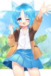  1girl ;d animal_ear_fluff animal_ears arm_up blue_eyes blue_hair blue_skirt blue_sky blush brown_jacket clouds collared_shirt commission copyright_request day dress_shirt fang highres jacket long_hair long_sleeves one_eye_closed open_clothes open_jacket outstretched_arm parted_bangs pleated_skirt ponytail puffy_long_sleeves puffy_sleeves shikito_(yawa0w0) shirt skeb_commission skirt sky smile solo tail transparent white_shirt 