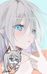  1girl :o aqua_eyes blush chibi close-up cropped_torso furry furry_female grey_hair highres humanization looking_at_phone looking_at_viewer multicolored_hair multiple_views original phone photo_editing purple_hair two-tone_hair v yongen_yu 