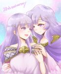  2girls anniversary circlet deirdre_(fire_emblem) dress fire_emblem fire_emblem:_genealogy_of_the_holy_war hand_on_another&#039;s_shoulder highres holding holding_another&#039;s_arm julia_(fire_emblem) long_hair looking_at_another mother_and_daughter multiple_girls parent_and_child purple_hair smile violet_eyes wide_sleeves yuurifeh 