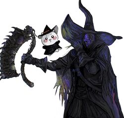  1other ambiguous_gender binatestars black_cape black_gloves black_pants black_robe bloodborne blush_stickers cape character_request cowboy_shot facing_viewer gloves hat highres holding holding_weapon keeper_of_the_old_lords pants robe saw saw_cleaver simple_background torn_cape torn_clothes weapon white_background witch_hat 