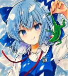  1girl animal blue_bow blue_eyes blue_hair bow breasts cirno closed_mouth collared_shirt commentary_request frog hair_bow highres holding holding_animal shirt short_sleeves small_breasts smile solo tongue tongue_out touhou v-shaped_eyebrows white_shirt yuzugoori 