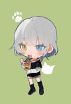  1girl bang_dream! bang_dream!_it&#039;s_mygo!!!!! black_footwear black_shirt blue_eyes boots commentary e9_(reve0126) eating food full_body green_background hashtag-only_commentary heterochromia holding holding_food holding_spoon ice_cream kaname_raana layered_sleeves long_sleeves medium_hair open_mouth paw_print shirt short_over_long_sleeves short_sleeves simple_background solo spoon sundae white_hair white_shirt yellow_eyes 