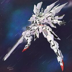  beam_cannon commentary dated energy_cannon full_body green_eyes gundam gundam_calibarn gundam_suisei_no_majo holding holding_cannon holding_weapon mecha mobile_suit no_humans robot science_fiction signature solo space star_(sky) thrusters user_pemg4534 v-fin weapon 