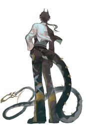  1boy absurdres arknights black_gloves black_hair black_jacket chinese_commentary chong_yue_(alighting)_(arknights) chong_yue_(arknights) commentary_request dragon_boy dragon_horns dragon_tail facing_away fingerless_gloves from_behind full_body gloves hand_on_own_hip highres horns jacket long_hair long_sleeves low_ponytail male_focus multicolored_hair pointy_ears ribbon shonoman simple_background standing streaked_hair tail tail_ornament tail_ribbon very_long_tail white_background white_jacket 