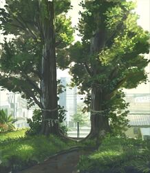  absurdres building city fern grass highres house light original painting_(medium) plant power_lines railing sanegesan scenery shadow sunlight traditional_media tree utility_pole 
