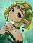  ancient_set_(zelda) armlet artist_name bare_shoulders blonde_hair braid collarbone commentary crown_braid dress dutch_angle earrings green_hair highres jewelry looking_at_viewer magatama magatama_necklace mxyx0321 necklace pointy_ears princess_zelda short_hair signature sleeveless sleeveless_dress the_legend_of_zelda the_legend_of_zelda:_tears_of_the_kingdom upper_body 