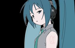  1girl aqua_hair bare_shoulders black_background blue_eyes detached_sleeves doppelschwert from_side grey_shirt hair_ornament half-closed_eyes hatsune_miku headphones highres long_hair necktie number_tattoo shirt shoulder_tattoo sleeveless sleeveless_shirt solo tattoo twintails upper_body vocaloid 