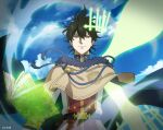  1boy belt black_clover black_clover_m:_rise_of_the_wizard_king black_hair blue_cape blue_sky book brown_capelet brown_eyes cape capelet clouds full_body fur-trimmed_capelet fur_trim gold_buttons golden_dawn_(emblem) green_eyes grimoire heterochromia high_collar highres looking_at_viewer magic male_focus official_art open_book pants red_shirt shirt sky smile solo two-tone_shirt upper_body white_pants white_shirt yuno_(black_clover) 