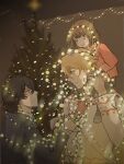  1girl 2boys black_hair blonde_hair blue_eyes brown_eyes brown_hair buddy_daddies christmas_lights christmas_tree commentary entangled eye_contact family highres kurusu_kazuki long_sleeves looking_at_another multiple_boys suwa_rei sweater symbol-only_commentary twitter_username uminoyurei unasaka_miri upper_body white_sweater 