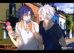  2boys :d absurdres artist_name blue_hair blue_shirt chewing closed_eyes collarbone commentary_request crow_armbrust eiyuu_densetsu food grey_hair highres holding holding_food holding_ice_cream holding_ice_cream_cone ice_cream ice_cream_cone jewelry kishiki0318 letterboxed male_focus multiple_boys necklace outdoors rean_schwarzer sen_no_kiseki shirt short_hair smile twitter_username undershirt violet_eyes white_shirt 