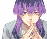  1boy blue_suit close-up collared_shirt ear_piercing haitani_rindou leaning_forward light_blue_jacket light_smile looking_at_viewer male_focus medium_hair mog_ky multicolored_hair necktie own_hands_together parted_lips piercing portrait purple_hair purple_necktie shirt simple_background solo striped_clothes suit tokyo_revengers twitter_username two-tone_hair violet_eyes white_shirt wolf_cut 