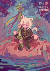  1girl absurdres animal_ears armor bamboo colored_eyelashes dated fish frog helmet highres holding holding_sword holding_weapon japanese_armor kabuto_(helmet) kodomo_no_hi long_hair looking_to_the_side necktie original pink_eyes road_sign sheath shorts sign sitting smile socks solo sword tail tiger_ears tiger_girl tiger_tail unsheathing unworn_headwear unworn_helmet ushinoki weapon white_hair 