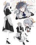  1boy alternate_costume apron black_footwear chibi crossdressing dress earrings frills full_body grey_hair halo head_wings high_heels highres honkai:_star_rail honkai_(series) jewelry maid maid_apron maid_headdress multiple_views oojiro_iroiro sunday_(honkai:_star_rail) white_background white_wings wings yellow_eyes 