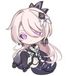  1girl black_footwear black_sclera black_thighhighs character_request chibi closed_mouth colored_sclera dress full_body hair_over_one_eye honkai_(series) honkai_impact_3rd knees_together_feet_apart light_brown_hair long_hair looking_at_viewer pink_eyes potato_258 shoes short_sleeves simple_background sketch solo thigh-highs very_long_hair white_background white_dress 