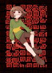  1other androgynous blunt_bangs blush_stickers brown_footwear brown_hair brown_shorts c: chara_(undertale) child full_body green_sweater heart_pendant highres holding holding_knife knife long_sleeves looking_at_viewer no_nose other_focus red_background red_eyes shoes short_hair shorts smile solo sweater tadeno undertale 