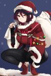  1girl black_hair black_pantyhose boots fingerless_gloves gloves gradient_hair hat heterochromia highres holding holding_sack iris_black_games kisaragi_ren_(vtuber) looking_at_viewer multicolored_hair pantyhose red_eyes redhead sack sakushin santa_boots santa_costume santa_hat sitting solo spread_legs virtual_youtuber vspo! yellow_eyes 