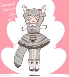  1girl animal_ears arms_up belt boots cat_ears cat_girl cat_tail closed_eyes coroha extra_ears full_body gloves grey_hair jacket jumping kemono_friends pallas&#039;s_cat_(kemono_friends) pantyhose pink_background scarf short_hair simple_background skirt solo tail 