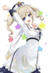  1girl absurdres arm_up barbara_(genshin_impact) blonde_hair blue_eyes blush breasts dress drill_hair from_side genshin_impact hair_ornament hat highres long_hair looking_at_viewer nenetan open_mouth smile solo standing twin_drills twintails white_dress 