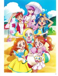  6+girls absurdres arisugawa_himari beach blonde_hair blue_eyes blue_hair collarbone dress headband highres holding holding_umbrella ino_marie kenjou_akira kirahoshi_ciel kirakira_precure_a_la_mode kotozume_yukari long_hair looking_at_viewer multiple_girls official_art open_mouth outstretched_arms pekorin_(precure) pink_dress precure purple_hair red_eyes redhead short_hair sparkle sparkling_eyes tategami_aoi third-party_source umbrella usami_ichika violet_eyes yellow_dress 