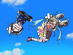  >_< 2girls bags_under_eyes bandaid bandaid_on_head black_pantyhose blank_eyes blown_away blue_jacket blue_sky brown_footwear brown_hair clouds crossed_arms crossed_bandaids crying dirty dirty_clothes dirty_face floating_hair frown furrowed_brow hair_bobbles hair_ornament high_heels highres idolmaster idolmaster_cinderella_girls indian_style jacket loafers long_hair matsuo_chizuru midair multiple_girls necktie open_mouth pantyhose pink_footwear pink_necktie pink_skirt red_necktie sato_shin shoes short_hair sitting skirt skirt_tug sky socks soot streaming_tears swept_bangs tears thick_eyebrows twintails two-tone_skirt upside-down vest wavy_mouth white_socks yawarakai_inu yellow_skirt yellow_vest 