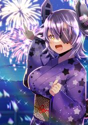  1girl :d aerial_fireworks blush breasts brown_eyes commentary_request commission eyepatch fang fireworks hair_between_eyes headgear japanese_clothes kantai_collection kimono kou_hiyoyo medium_breasts night night_sky obi outdoors outstretched_arm pointing print_kimono purple_hair purple_kimono railing sash skeb_commission sky smile solo star_(sky) star_(symbol) star_print starry_sky tenryuu_(kancolle) wide_sleeves 