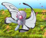  artist_name blurry blurry_background butterfree commentary_request day falling_petals fangs flying full_body no_humans outdoors petals pink_eyes pokemon pokemon_(creature) soezy solo 