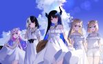  5girls absurdres alternate_costume animal_ear_fluff animal_ears asymmetrical_horns bandaid bandaid_hair_ornament black_hair blonde_hair blue_eyes blue_hair blue_sky closed_mouth clouds colored_inner_hair demon_horns dog_ears dog_girl dog_tail dress frilled_dress frilled_shirt frills fuwawa_abyssgard hair_flaps hair_ornament hat highres holding holding_clothes holding_hat holoadvent hololive hololive_english horns koseki_bijou long_hair looking_at_viewer medium_hair mococo_abyssgard multicolored_hair multiple_girls nerissa_ravencroft open_mouth pink_eyes pink_hair red_eyes shiori_novella shirt shorts siblings sisters sky smile split-color_hair straw_hat tail twins two_side_up uoca violet_eyes virtual_youtuber white_dress white_hair white_shirt white_shorts x_hair_ornament yellow_eyes 