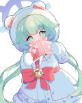 1girl animal_hood bear_hood blue_archive blue_halo book book_to_mouth bow fur-trimmed_hood fur_trim green_eyes green_hair halo highres holding holding_book hood hood_up long_hair momiji_(blue_archive) red_bow shirousagi_(user_erwx7425) simple_background very_long_hair white_background winter_clothes 