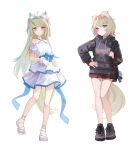  2girls :3 ahoge alternate_costume animal_ear_fluff animal_ears armpit_crease backpack bag bandage_on_face bandage_on_leg bandages bare_legs bare_shoulders blonde_hair blue_bow blue_eyes blue_hair blue_hairband blue_ribbon blunt_bangs blush bow breasts brown_footwear closed_mouth collarbone colored_inner_animal_ears colored_inner_hair criss-cross_halter detached_sleeves dog_ears dog_girl dog_tail double-parted_bangs drawstring dress extra_ears firehippo frilled_dress frills full_body fuwawa_abyssgard grey_hoodie hair_intakes hair_ornament hairband hairclip halterneck hand_on_own_hip hashtag-only_commentary highres holding_strap hololive hood hood_down hoodie horn_hairband layered_dress long_hair long_sleeves looking_at_viewer medium_breasts miniskirt mococo_abyssgard multicolored_hair multiple_girls pink_eyes pink_hair plaid plaid_skirt pleated_skirt print_hoodie red_skirt ribbon sandals scrunchie shoes short_dress short_hair sidelocks simple_background skirt sleeveless sleeveless_dress small_breasts smile sneakers standing standing_on_one_leg streaked_hair tail thick_eyelashes thigh_gap toes turning_head two_side_up very_long_hair virtual_youtuber waist_bow white_background white_dress white_footwear white_scrunchie white_sleeves wrist_scrunchie x_hair_ornament 