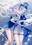  2girls :d :o absurdres ahoge air_bubble aqua_eyes blue_background blue_brooch blue_dress blue_gemstone blue_hair blue_hat blue_skirt bow bubble dress drop-shaped_pupils dual_persona eyes_visible_through_hair flat_chest floating_hair focalors_(genshin_impact) furina_(genshin_impact) gem genshin_impact gloves hand_on_another&#039;s_face hand_on_another&#039;s_hand hat heterochromia highres imasaki_kei in_water leg_belt light_blue_hair looking_at_another mismatched_pupils multiple_girls no_legwear shiny_skin skirt smile submerged sunlight symbol-shaped_pupils thighs top_hat underwater white_gloves yuri 