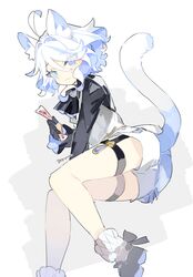  1girl :3 ahoge animal_ears arm_support ascot black_ascot black_gloves black_shirt blue_brooch blue_eyes blue_gemstone blue_hair cat_ears cat_girl cat_tail cyenmi3 drop-shaped_pupils eyes_visible_through_hair fluffy_hair furina_(genshin_impact) gem genshin_impact gloves hair_between_eyes heterochromia highres kodona light_blue_hair lolita_fashion looking_at_viewer lying mismatched_pupils multicolored_hair on_side pastel_colors shirt short_hair shorts signature solo symbol-shaped_pupils tail thigh_strap two-tone_hair white_background white_hair white_shorts white_tail 