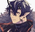  1boy arknights black_coat black_shirt blue_hair chimi_(s8s8_bb) coat commentary earrings eyeliner flamebringer_(arknights) fur-trimmed_coat fur_trim horns infection_monitor_(arknights) jewelry makeup male_focus material_growth orange_eyes oripathy_lesion_(arknights) pointy_ears portrait shirt simple_background single_horn solo surprised upper_body white_background 