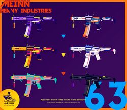  arrow_(symbol) artist_name border chinese_commentary colorful commentary_request english_text gun highres mrmeinn no_humans orange_border original purple_background simple_background watermark weapon weapon_focus weapon_request 