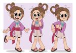  1girl :d absurdres ace_attorney black_eyes bow brown_hair english_commentary full_body hair_ornament hair_rings half_updo hands_on_own_cheeks hands_on_own_face highres japanese_clothes jewelry kimono long_hair long_sleeves looking_at_viewer magatama magatama_necklace messy_hair necklace open_mouth paula_peroff pearl_fey pink_sash pout sandals sash short_kimono smile standing standing_on_one_leg teeth the_ghost_and_molly_mcgee toon_(style) twisted_hair upper_teeth_only waist_bow 