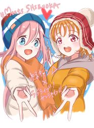  2girls beanie blue_eyes blue_hat blue_sky blush clouds commentary_request copyright_name crossover gyaru_v hair_between_eyes hashtag hat highres iroenpitsu_xxx jacket kagamihara_nadeshiko long_hair looking_at_viewer love_live! love_live!_sunshine!! multiple_girls open_mouth orange_hair orange_jacket orange_scarf pink_hair pom_pom_(clothes) red_eyes scarf short_hair sky takami_chika translation_request v white_jacket winter_clothes yurucamp 