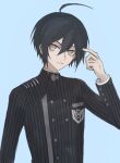  1boy ahoge black_hair blue_background breast_pocket brown_eyes buttons danganronpa_(series) danganronpa_v3:_killing_harmony double-breasted fu_ga_(vivi912912) hair_ornament hand_up highres jacket male_focus pocket saihara_shuichi short_hair simple_background solo striped_clothes striped_jacket upper_body 