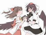  2girls ascot bird_wings black_bow black_bowtie black_skirt blush bow bowtie brown_hair brown_wings chest_sarashi collared_shirt commentary detached_sleeves eye_contact frilled_bow frilled_hair_tubes frills hair_bow hair_tubes hakurei_reimu hat holding_hands long_hair looking_at_another multiple_girls open_mouth pointy_ears pom_pom_(clothes) red_bow red_eyes red_hat red_skirt sakic43899 sarashi shameimaru_aya shirt short_sleeves skirt skirt_set tokin_hat touhou white_shirt wings yuri 