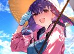  1girl blue_sky blush breasts fate/grand_order fate_(series) gloves hair_ribbon hat hotosoka_(user_nxja5583) large_breasts long_hair long_sleeves looking_at_viewer matou_sakura open_mouth outdoors overalls pink_sweater purple_hair red_ribbon ribbon sky smile solo straw_hat sweater violet_eyes white_gloves 