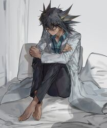  1boy barefoot bed bed_sheet bedroom black_hair black_pants blue_eyes blue_shirt crossed_arms curtains dress_shirt facial_tattoo fudo_yusei glasses hands_on_own_arms highres indoors knees_up lab_coat lanyard looking_to_the_side male_focus mokopuru on_bed pants shirt sitting tattoo white_background yu-gi-oh! yu-gi-oh!_5d&#039;s 