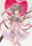  1girl absurdres branch brown_hair chinese_clothes double_bun dress folding_fan hair_bun hand_fan hanfu highres holding holding_fan long_sleeves looking_at_viewer open_mouth orange_eyes qixiong_ruqun ribbon ruqun see_through see_through_sleeves smile solo thigh-highs white_thighhighs 