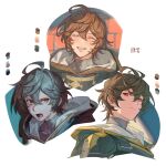  1boy ahoge angry blush brown_hair closed_eyes color_guide commentary_request expressions facing_viewer from_below granblue_fantasy hair_between_eyes highres hood hood_down light_frown lighting_practice looking_at_viewer looking_to_the_side male_focus messy_hair multiple_views sandalphon_(granblue_fantasy) short_hair smile solo_focus tki turtleneck 