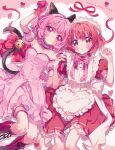  2girls absurdres animal_ears apron bell black_tail boots bow bowtie cat_ears cat_girl cat_tail copyright_name detached_sleeves dress dual_persona feet_out_of_frame highres kotocurtain light_smile lying maid_apron maid_headdress mew_ichigo momomiya_ichigo multiple_girls on_floor pink_bow pink_bowtie pink_dress pink_eyes pink_hair pout puffy_detached_sleeves puffy_short_sleeves puffy_sleeves red_dress red_eyes red_footwear redhead short_hair short_sleeves tail tail_bell tail_ornament thigh_strap tokyo_mew_mew white_apron 