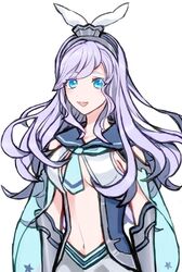  1girl aqua_eyes armor armored_gloves bad_id bad_twitter_id breasts collarbone delphinus_yukino_(saint_seiya:_rising_cosmo) ex_t0kit0m0 highres long_hair navel open_mouth purple_hair saint_seiya saint_seiya:_rising_cosmo simple_background smile solo upper_body white_background 