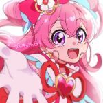  1girl cure_precious delicious_party_precure dress flower gloves hair_flower hair_ornament heart heart-shaped_pupils highres holding_hands nagomi_yui pink_dress pink_hair pink_skirt precure red_ribbon ribbon skirt symbol-shaped_pupils twintails violet_eyes yufu_kyouko 