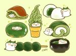  animal_focus blush_stickers cake cat chara_chara_makiato choko_(cup) closed_eyes closed_mouth commentary_request cup dango doughnut food food_focus green_background green_tea green_theme ice_cream ice_cream_cone in_container in_cup in_food matcha_(food) mochi no_humans omelet on_food open_mouth original sign simple_background smile sparkle sweets swiss_roll tea wagashi 
