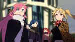  4girls ahoge bad_id bad_twitter_id black_coat blonde_hair blue_eyes blue_hair blurry blurry_background bocchi_the_rock! brown_coat brown_eyes coat commentary_request cube_hair_ornament gotoh_hitori grey_coat hair_between_eyes hair_ornament holding_strap ijichi_nijika kerorira kita_ikuyo long_hair long_sleeves looking_at_viewer mole mole_under_eye multiple_girls one_side_up outdoors pink_coat pink_hair red_scarf redhead scarf short_hair side_ponytail upper_body white_scarf wind winter_clothes yamada_ryo yellow_eyes 