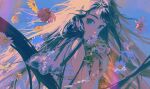  1girl bare_shoulders black_hair blue_sky commentary dress emmmerald floating flower highres jellyfish long_hair looking_at_viewer original purple_theme sky solo sundress sunflower symbol-only_commentary upper_body 