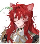  1boy ? animal_ear_fluff animal_ears antenna_hair argenti_(honkai:_star_rail) armor breastplate cat_ears cat_teaser commentary_request cropped_shoulders curtained_hair eyelashes gold_trim green_eyes hair_between_eyes highres honkai:_star_rail honkai_(series) long_hair male_focus multicolored_hair oryunbunkosu parted_bangs parted_lips pauldrons redhead shoulder_armor sidelocks simple_background solo upper_body white_background white_hair 